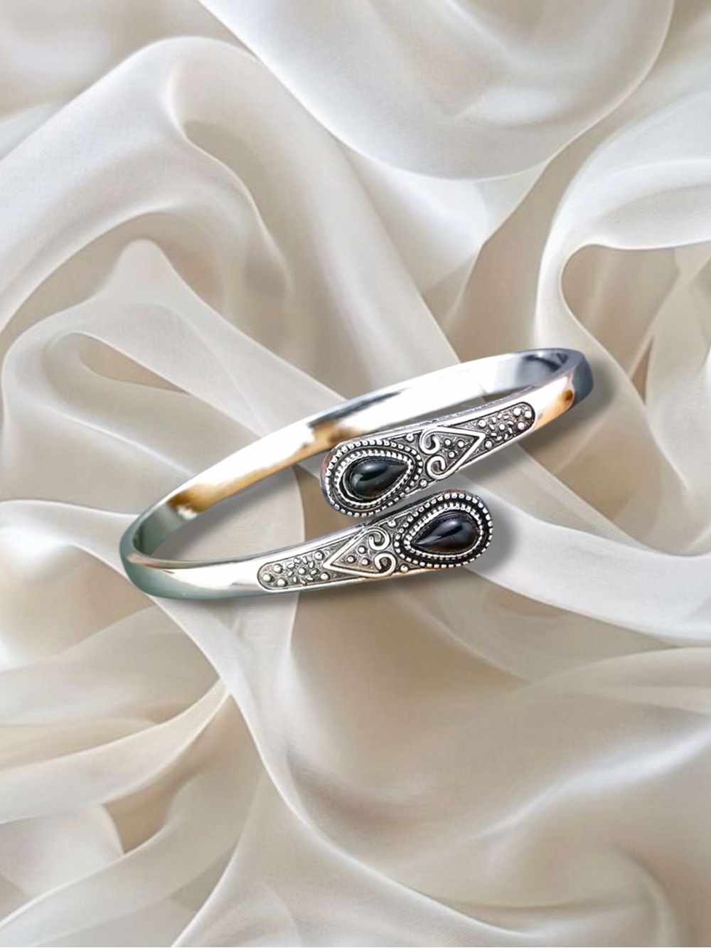 Sterling Silver Black Stone Open Cuff Bracelet
